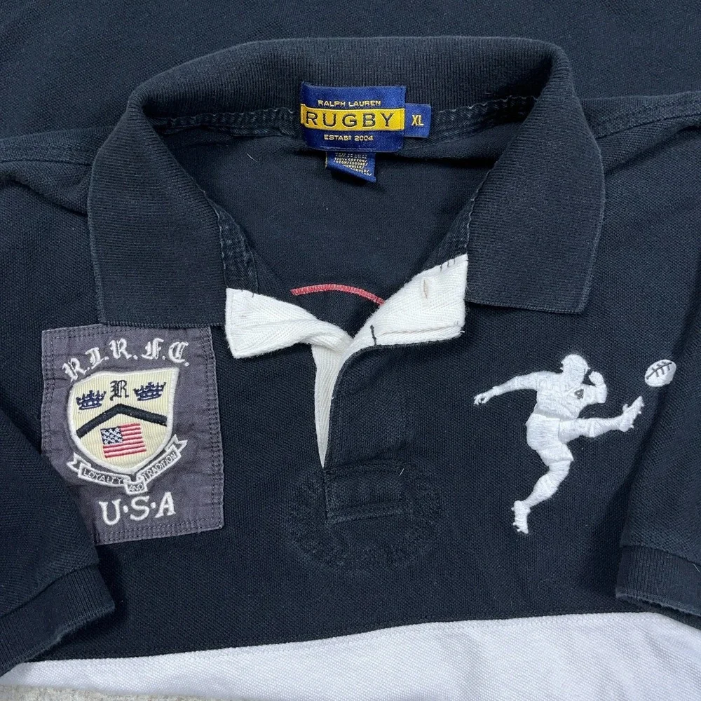 Vintage Ralph Lauren Rugby Polo Shirt Men XL Black White Big Kicker Crest Patch - Picture 3 of 12